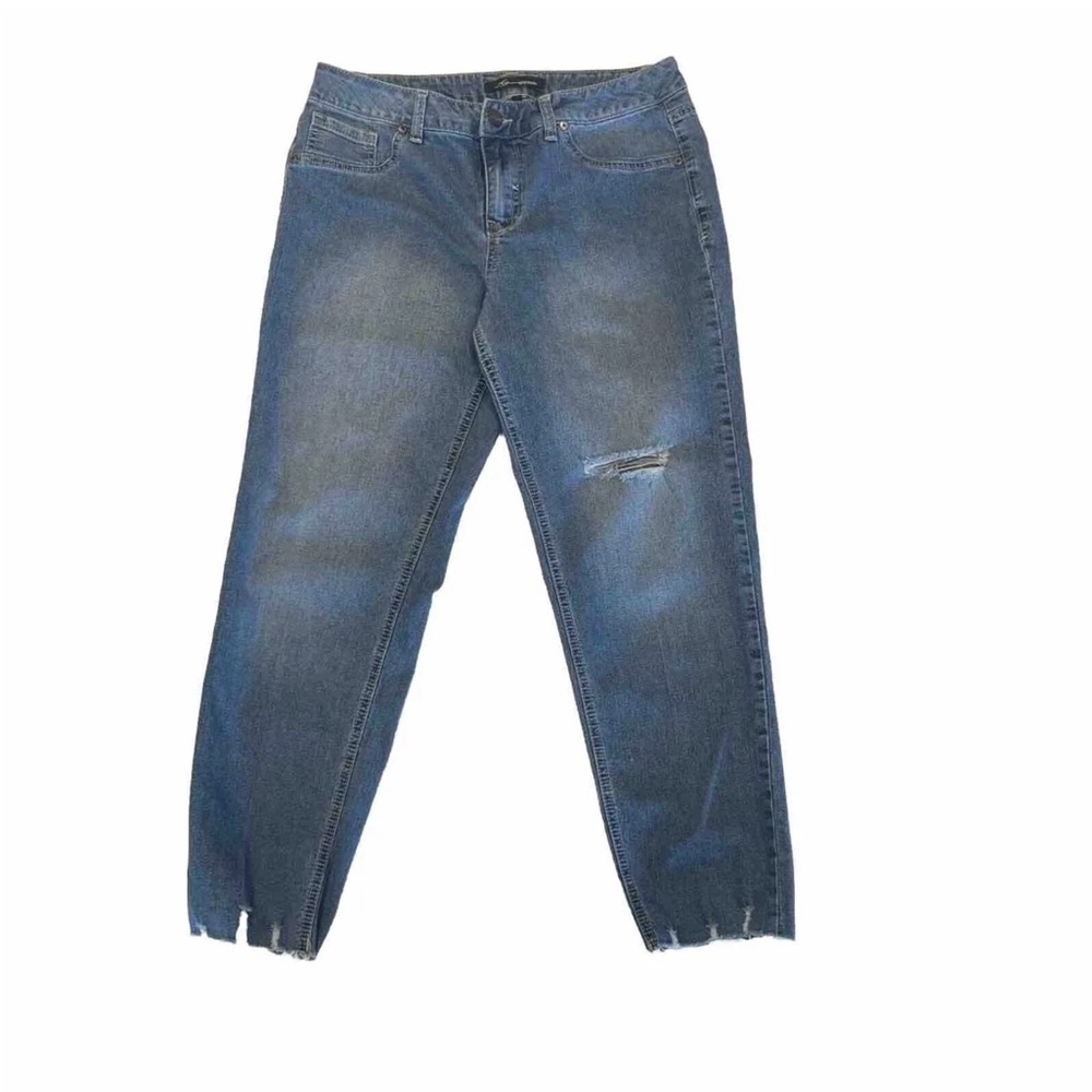 A3 Denim Women’s Tapered Leg Distressed Raw Hem Mid Rise Medium Wash Jea…